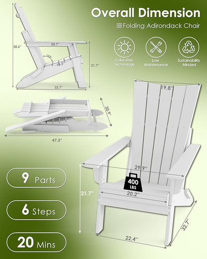 GREENVINES Folding-Adirondack-Chairs-Set-of-2 | HDPE Plastic | Arch Series | Fire Pit Chair | All Weather | for Outdoor Patio Deck Backyard Poolside | White