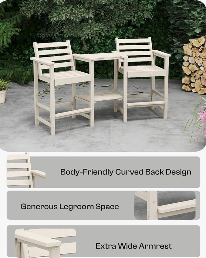 Tall HDPE Adirondack Bar Chairs Set of 2, Outdoor Balcony Bar-Height Chairs with Extra-Large Side Trays & 2" Umbrella Hole, All-Weather Patio Stools for Porch, Deck, Garden (White, 2chair)