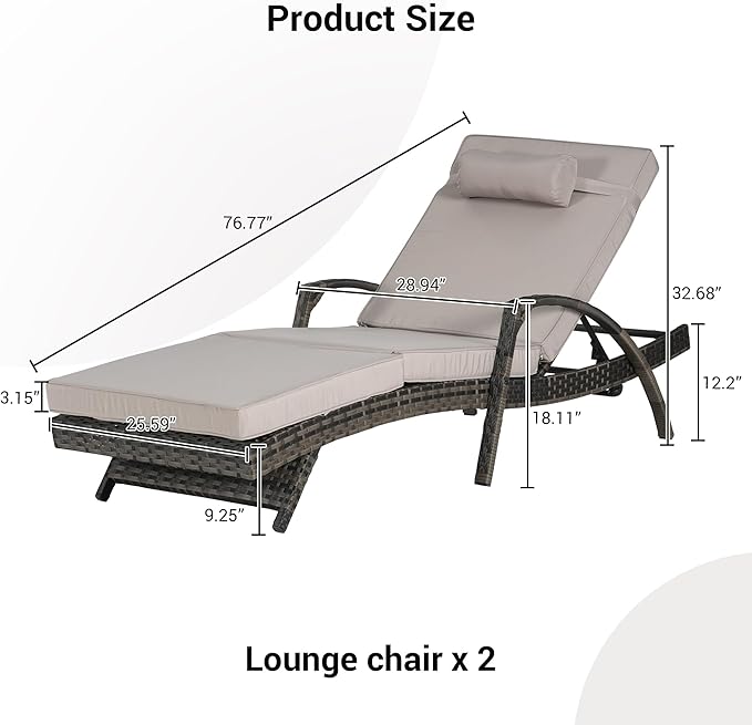 KEIKI Wicker Outdoor Chaise Lounge Chairs Set of 2 for Patio & Pool Side with 5-Level Adjustable Backrest and Cushions - Photo 2