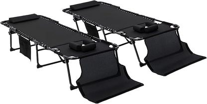 Outsunny 2 Piece Folding Chaise Lounge with 5-Level Reclining Back, Tanning Chair with Face Hole, Outdoor Lounge Chair with Side Pocket & Headrest for Beach, Yard, Patio, Black