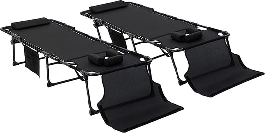 Outsunny 2 Piece Folding Chaise Lounge with 5-Level Reclining Back, Tanning Chair with Face Hole, Outdoor Lounge Chair with Side Pocket & Headrest for Beach, Yard, Patio, Black