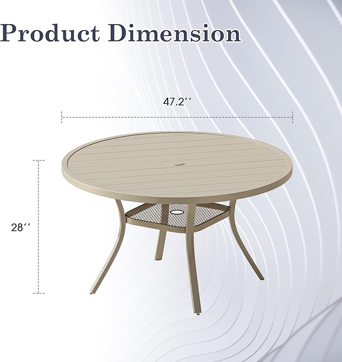 47.2" Patio Dining Table for 6, Round Outdoor Metal Dining Table with Umbrella Hole for Lawn Garden Backyard, Sandshell