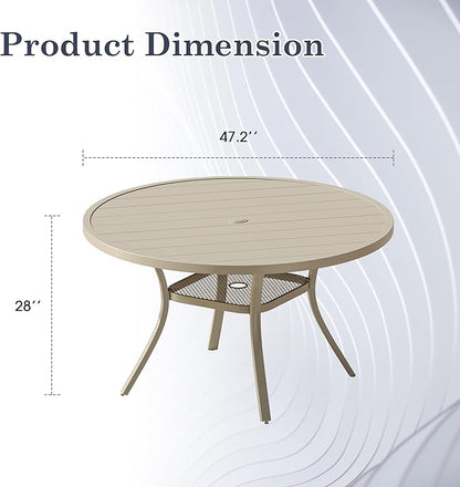 47.2" Patio Dining Table for 6, Round Outdoor Metal Dining Table with Umbrella Hole for Lawn Garden Backyard, Sandshell