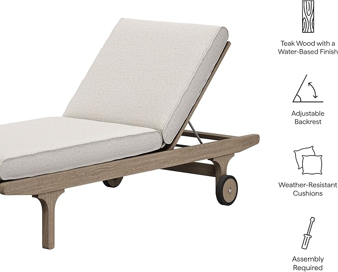 Modway Saratoga Teak Outdoor Chaise Lounge Chair in Pebble – Adjustable Wood Pool Lounge Chair with Wheels and Cushions