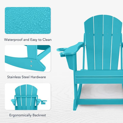 Outdoor Rocking Chair, HDPE Poly All-Weather Patio Rocking Chairs with Cup Holder for Adults, Porch Rocker for Deck Patio Balcony, 440lbs, Turquoise