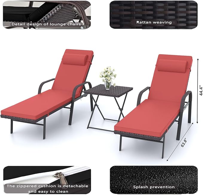 Patio Chaise Lounge Set 3 Pieces Outdoor Lounge Chair with Rattan Adjustable Backrest Armrest and Folding Table for Beach Patio,Sand, for Poolside Backyard Porch