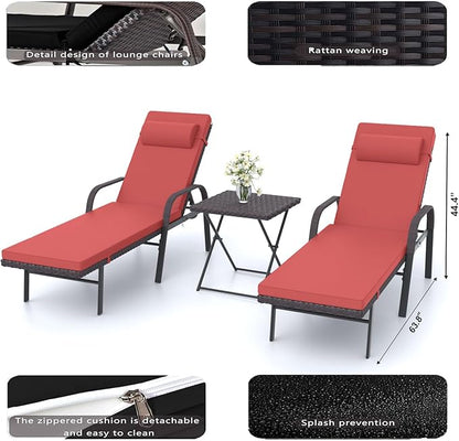 Patio Chaise Lounge Set 3 Pieces Outdoor Lounge Chair with Rattan Adjustable Backrest Armrest and Folding Table for Beach Patio,Sand, for Poolside Backyard Porch
