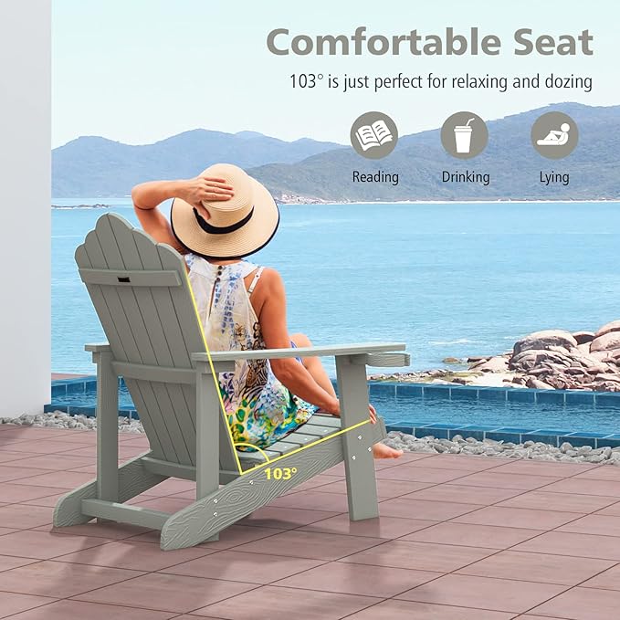 Tangkula Oversized Adirondack Chair, Patio Lounge Chairs w/Adjustable Cup Holder, HIPS Armchairs Slatted Chair, Outdoor Weather Resistant Fire Pit Chair for Deck Backyard Garden Porch (1, Light Grey)