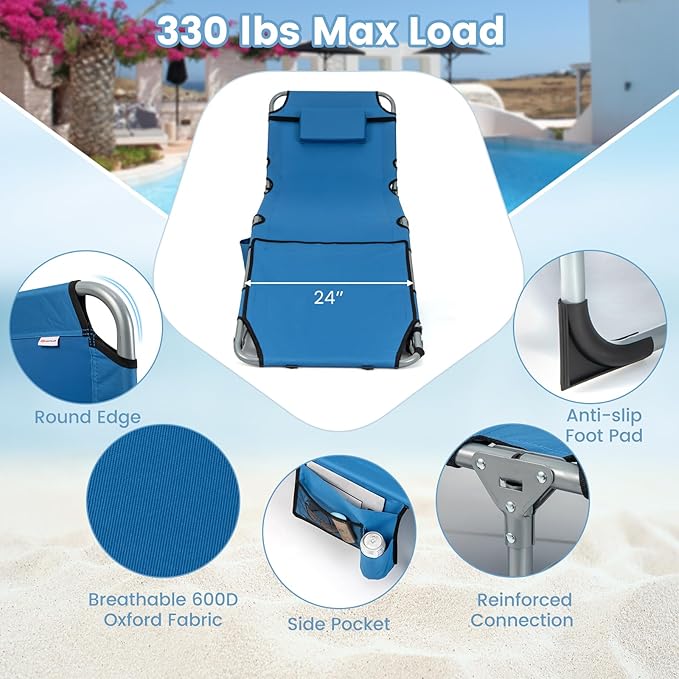 Goplus Tanning Chair, Folding Outdoor Beach Lounge Chair with Face & Arm Hole, Carrying Strap, Pillow, Side Pocket - Photo 7