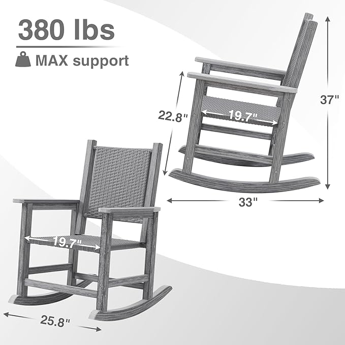 HDPE Rocking Chair Outdoor, Wicker Rocking Chair for Outside, Woven Seat & Back, All Weather Ratten Outdoor for Porch, Garden, Lawn, Balcony (Grey)