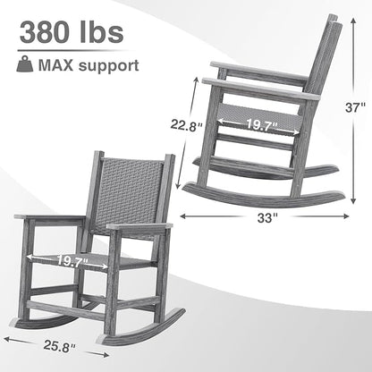 HDPE Rocking Chair Outdoor, Wicker Rocking Chair for Outside, Woven Seat & Back, All Weather Ratten Outdoor for Porch, Garden, Lawn, Balcony (Grey)