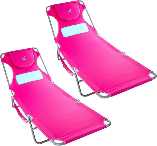 Ostrich Comfort Lounger Face Down Sunbathing Chaise Lounge Beach Chair with 3-Position Folding for Outdoor Camping, Pool, and Beach, Pink (2 Pack)