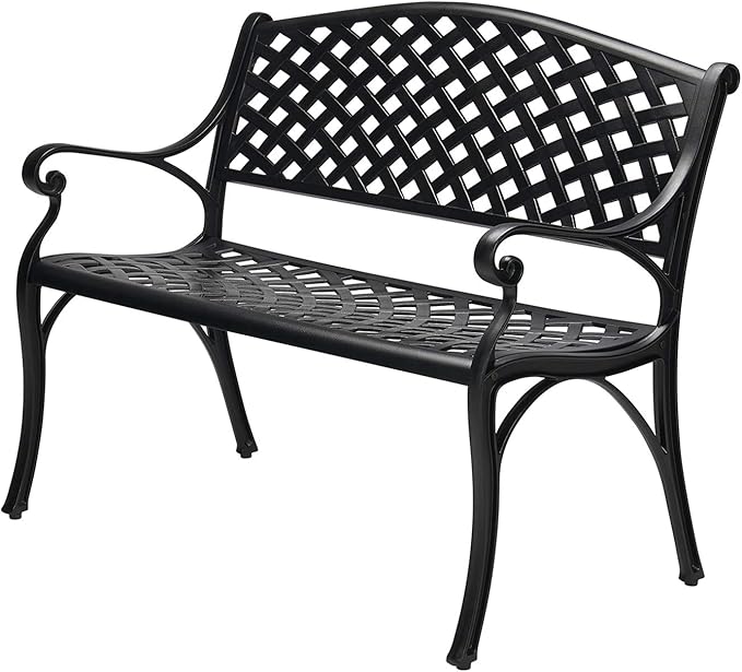 Laurel Canyon 41" Outdoor Patio Bench, Cast Aluminum Construction Furniture Chair, 2-Person Seating for Porch Backyard Garden Pool Deck, Black