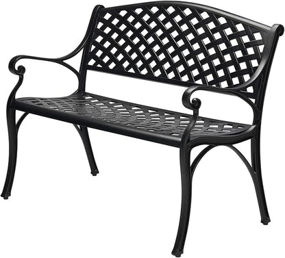 Laurel Canyon 41" Outdoor Patio Bench, Cast Aluminum Construction Furniture Chair, 2-Person Seating for Porch Backyard Garden Pool Deck, Black