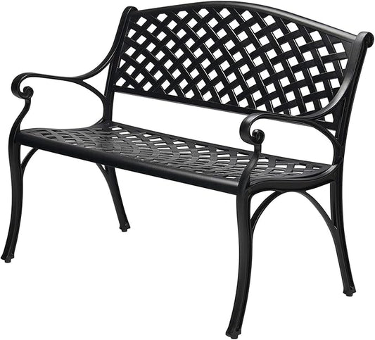 Laurel Canyon 41" Outdoor Patio Bench, Cast Aluminum Construction Furniture Chair, 2-Person Seating for Porch Backyard Garden Pool Deck, Black