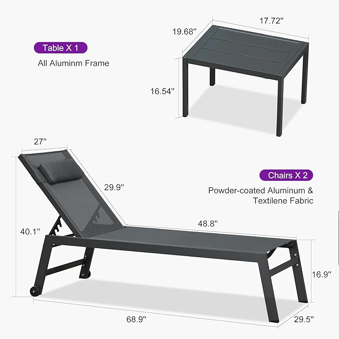 PURPLE LEAF Outdoor Oversized Lounge Chair Set Patio Chaise Pool Lounger Aluminum Frame with 2 Side Table and Wheels - Photo 8