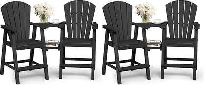 Ciokea Tall Adirondack Chairs Set of 4, HDPE Outdoor Adirondack Bar Stools with Double Connecting Tray, Weather Resistant High Back Adirondack Balcony Chairs for Deck, Lawn, Pool, Backyard, Black