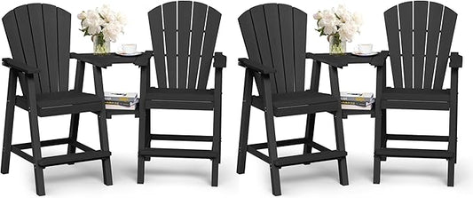 Ciokea Tall Adirondack Chairs Set of 4, HDPE Outdoor Adirondack Bar Stools with Double Connecting Tray, Weather Resistant High Back Adirondack Balcony Chairs for Deck, Lawn, Pool, Backyard, Black