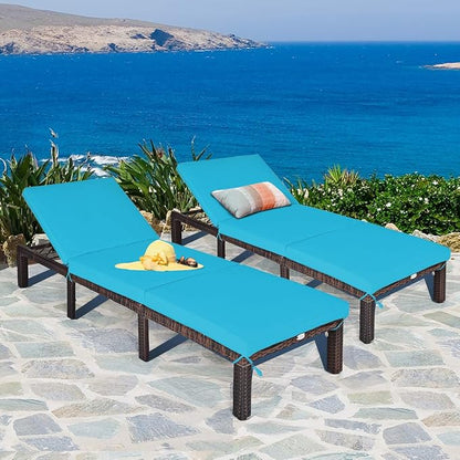 Tangkula Rattan Wicker Chaise Lounge Chair, Outdoor Patio Lounger Recliner Chair w/Adjustable Backrest, Heavy-Duty Reclining Chair Sunbed w/Thick Zippered Cushion for Garden Yard Patio (2, Turquoise)
