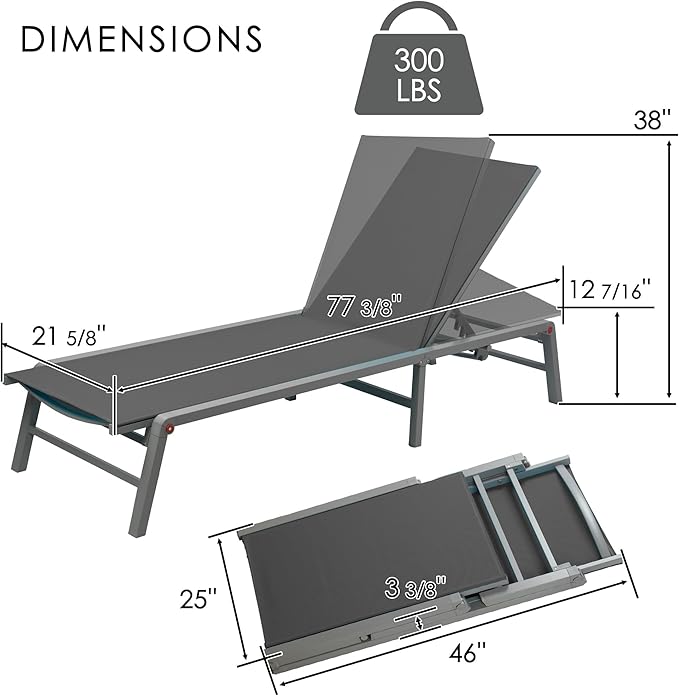 Kozyard Outdoor Foldable Lounge Chair, Aluminum Frame Patio Lounger with 5-Position Adjustable Backrest, Breathable Textilene Fabric, Assemble-Free, Reclining & Full-Flat Poolside (Gray, No Table)