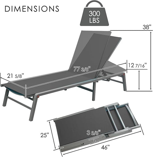 Kozyard Outdoor Foldable Lounge Chair, Aluminum Frame Patio Lounger with 5-Position Adjustable Backrest, Breathable Textilene Fabric, Assemble-Free, Reclining & Full-Flat Poolside (Gray, No Table)