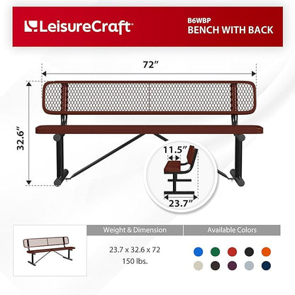 Leisure Craft Metal Outdoor Bench with Back - 6 Foot Heavy Duty Bench Seating for Garden, Porch, Picnic, Park, Expanded Metal, Thermoplastic Coating, Commercial Grade Furniture Made in USA - Brown
