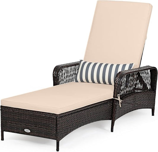 Tangkula Wicker Chaise Lounge Outdoor, Patio Rattan Reclining Chaise with 6-Gear Adjustable Backrest, Thick Padded Cushion & Removable Lumbar Pillow, Pool Lounge Chairs for Outside Balcony Backyard