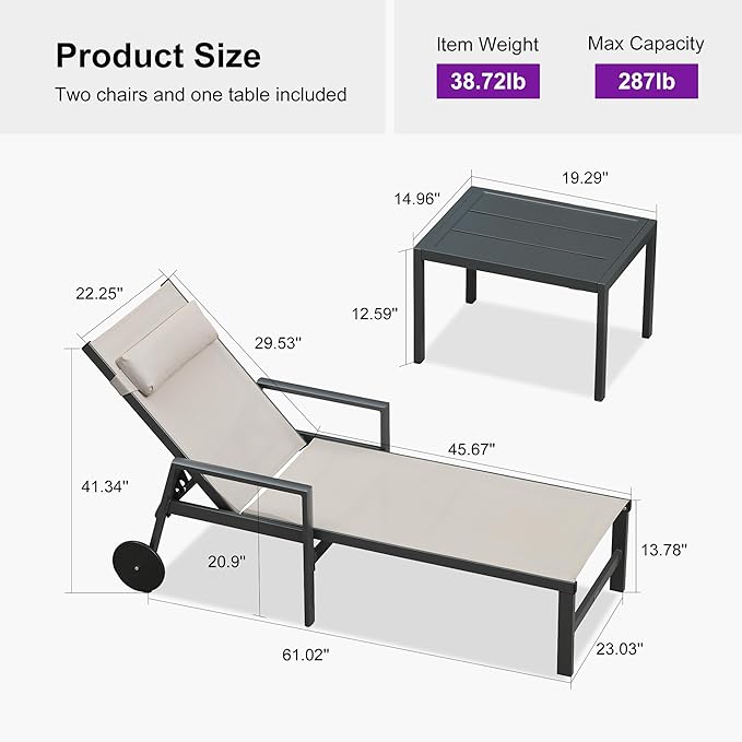 PURPLE LEAF Patio Lounge Chair Set of 3 Outdoor Chaise Lounger Aluminum Frame with Armrest Side Table and Wheels for - Photo 9