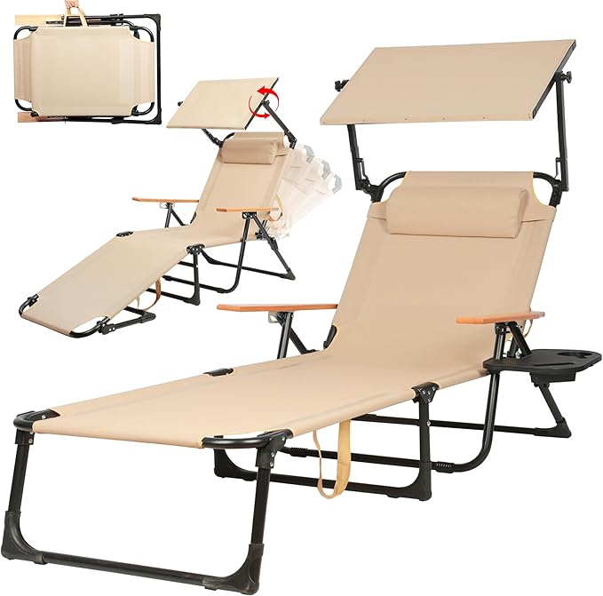 Outdoor Chaise Lounge Chair with 4-Position Adjustable Backrest, Patio Folding Sun Tanning Chair, Pillow & Cup Holder - Photo 1