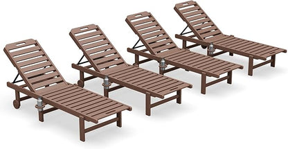 SERWALL Patio Chaise Lounge Set of 4, HDPE Outdoor Lounge Chair with Cup Holder, 5 Positions Adjustable Poly Lounger with Rolling Wheels for Poolside, Deck, Sunbathing, Brown
