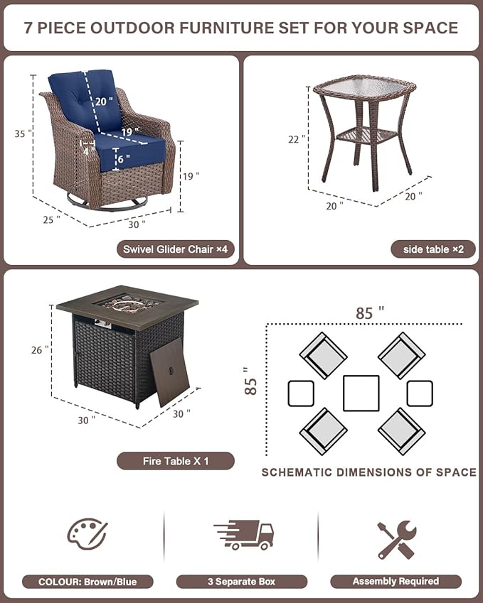 Belord Luxury Patio Furniture Set with Fire Pit Table - Outdoor Swivel Rocker Chairs Set of 4 with 30 inch Propane Fire - Photo 2