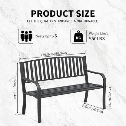 YLGJ&TIDY 50 Inches Garden Benches for Outdoor Patio Bench with Stripe Pattern Backrest Armrest Weatherproof Park Benches Metal Bench for Garden Park Porch Lawn Yard (BENCH08)