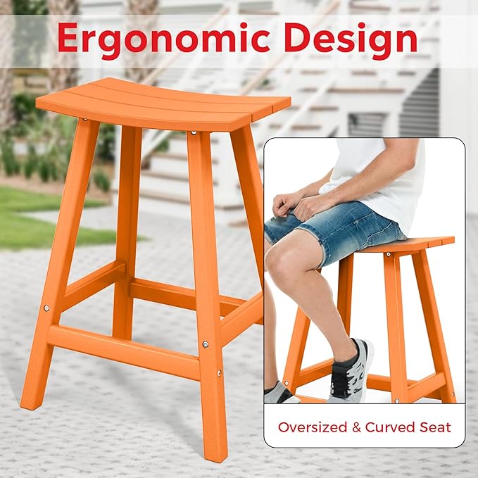 Costaelm All-Weather Bar Stools Set of 3, 24" Height Outdoor Bar Stools, Adirondack Poly Patio Bar Stool for Patio, Deck, Kitchen Counter and Garden, Orange