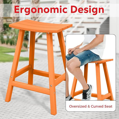 Costaelm All-Weather Bar Stools Set of 3, 24" Height Outdoor Bar Stools, Adirondack Poly Patio Bar Stool for Patio, Deck, Kitchen Counter and Garden, Orange