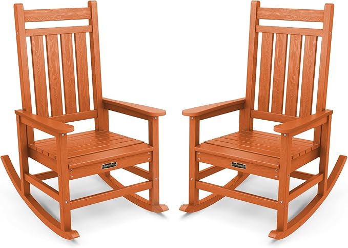 SERWALL Outdoor Rocking Chair Set of 2, Patio Rocking Chairs for Adult, All Weather Resistant Porch Rockers for Lawn Garden, Orange