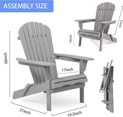 Folding Adirondack Chair Set of 2, Solid Cedar Wood Patio Lounge Chairs for Outdoor, Garden, Lawn, Backyard & Poolside - Comfortable & Foldable, Gray