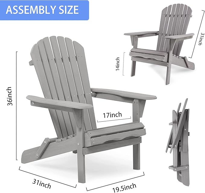 Solid Wood Folding Adirondack Chair Set of 2, Wooden Lounge Chairs for Patio, Garden, Backyard, Deck,Fire Pit,Half Assembled