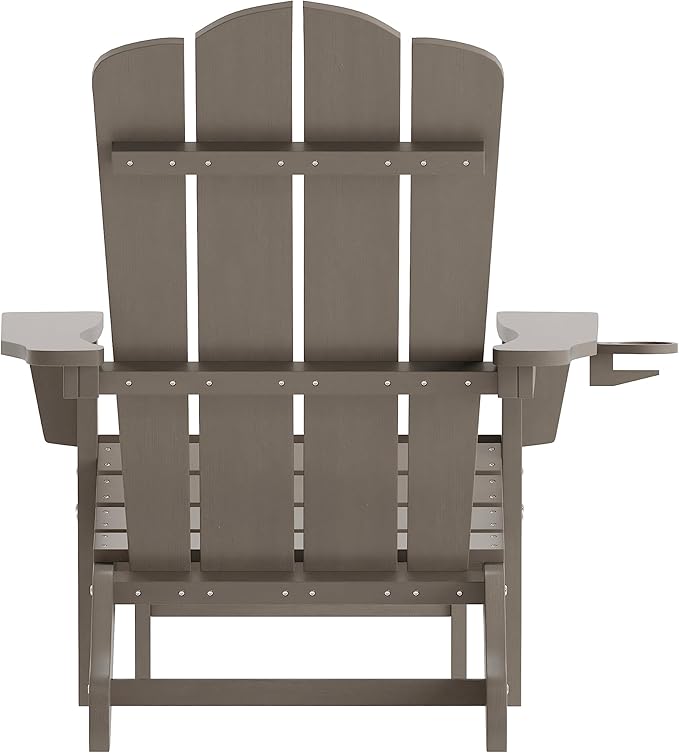 Flash Furniture Newport Poly Resin Adirondack Chair with Cup Holder and Pull Out Ottoman, All-Weather Poly Resin Indoor/Outdoor Lounge Chair, Brown