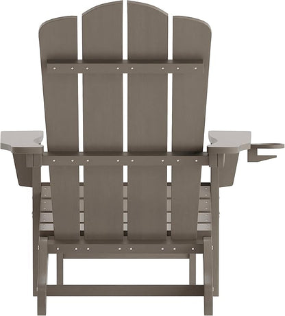 Flash Furniture Newport Poly Resin Adirondack Chair with Cup Holder and Pull Out Ottoman, All-Weather Poly Resin Indoor/Outdoor Lounge Chair, Brown