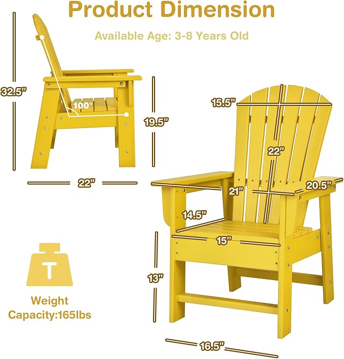 Giantex Adirondack Chair, Kids HDPE Patio Lawn Chair with Ergonomic Backrest for Deck, Porch, Backyard, Poolside, Indoor, Weather Resistance Toddler Outdoor Chair (2, Yellow)