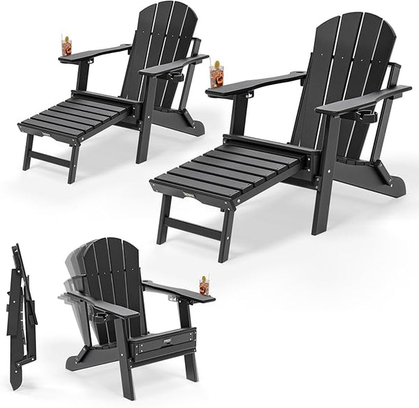 VINGLI Back-Adjustable Plastic Folding Adirondack Chairs Set of 2with Retractable Footrest & 2-in-1 Cup Holders - Photo 1