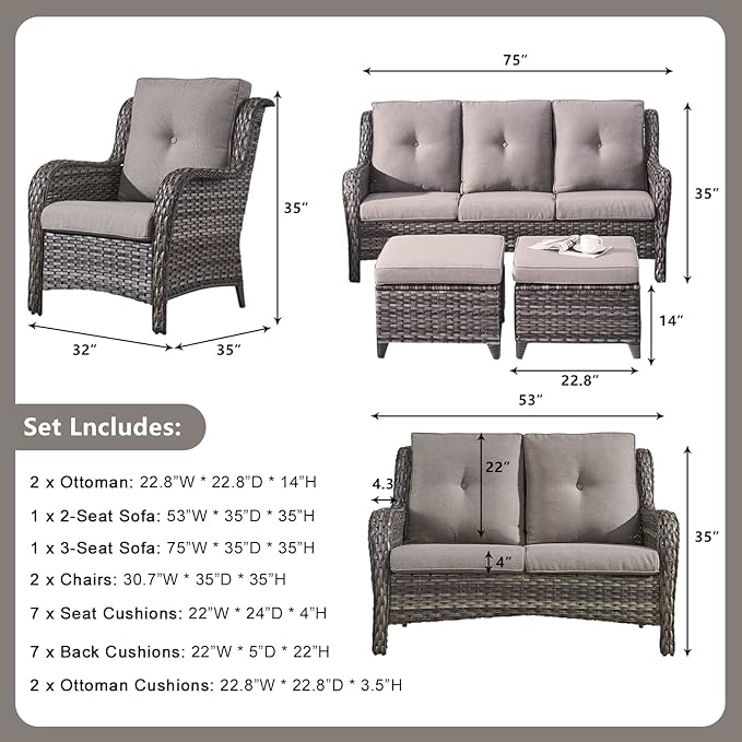 Rilyson Wicker Patio Furniture Set - 6 Piece Rattan Outdoor Sectional Conversation Sets with 1 Sofa, 1 Loveseat - Photo 2
