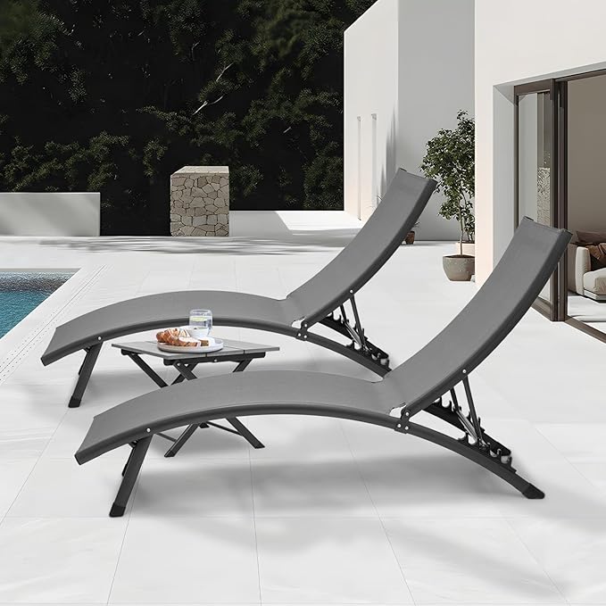 MoNiBloom Lounge Chairs for Outside Set of 3, Folding Adjustable Gray Deck Chair Recliner w/Side Table, Breathable All Weather Wavy Patio Chaise Lounge for Reading and Sunbathing, 350 Lbs Capacity