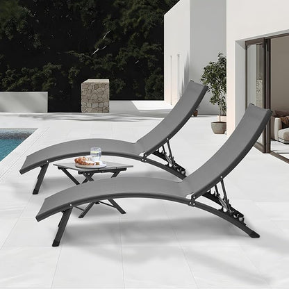 MoNiBloom Lounge Chairs for Outside Set of 3, Folding Adjustable Gray Deck Chair Recliner w/Side Table, Breathable All Weather Wavy Patio Chaise Lounge for Reading and Sunbathing, 350 Lbs Capacity