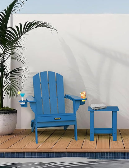 Folding Adirondack Chair Set of 4, Wooden Textured Plastic Adirondack Chairs with 2 Cup Holder, Weather Resistant HDPE Fire Pit Chair, Outdoor Patio Chairs for Garden, Backyard, Lawn, Deck, Blue