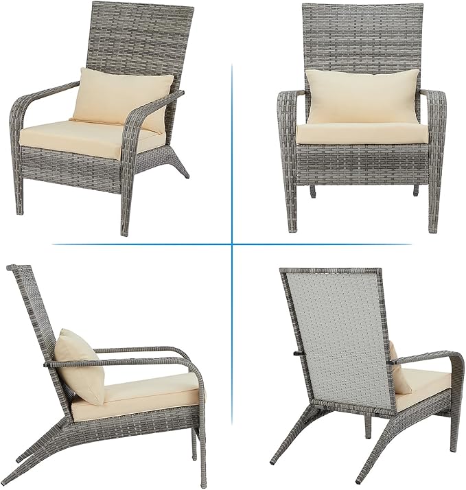 AECOJOY 2 Pieces Outdoor Wicker Patio Chairs, Outdoor Dining Adirondack Rattan Chair with Cushion and Pillow, All Weather High Back Rattan Wicker Patio Dining Chairs for Garden,Backyard,Porch,Grey