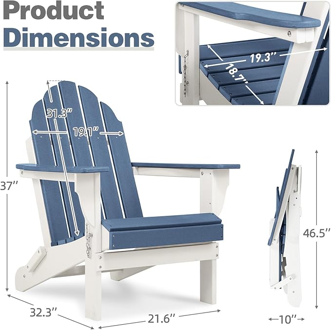 Aoodor HDPE Outdoor All-Weather Folding Adirondack Chair for Patio, Garden, Backyard, Lawn, Fire Pit, Set of 2, Navy Blue