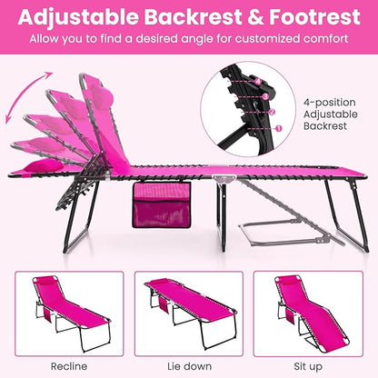 GYMAX Lounge Chairs for Outside, Extra High Folding Beach Tanning Lounger with 4-Level Adjustable Backrest, 2-Level Footrest & Removable Pillow, Sunbathing Lounge for Patio, Lawn, Poolside (1, Pink)