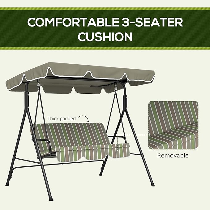 Outsunny 3-Seat Outdoor Patio Swing Chair with Removable Cushion, Steel Frame Stand and Adjustable Tilt Canopy for Patio - Photo 5