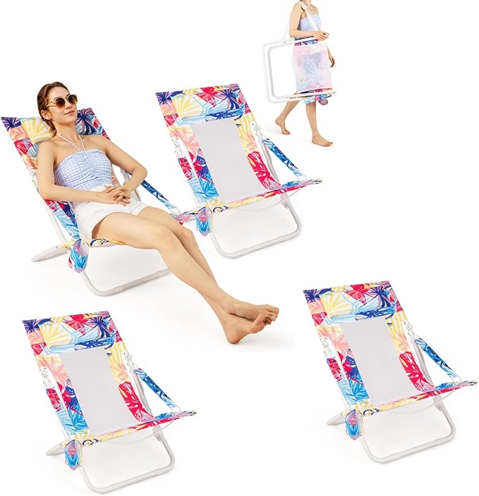 GYMAX Beach Chair Set of 4, Folding Sling Chairs with Headrest, Cup Holder & Shoulder Strap, 330 LBS Portable Patio Lounge Chairs for Outside, Camping, Lawn, Deck, Backyard, Poolside (Pink,4 Pcs)